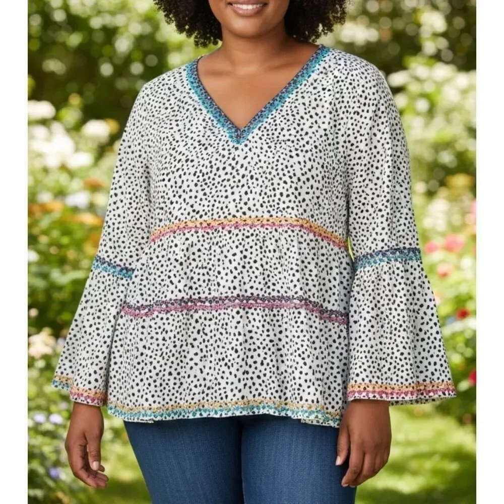 Savanna Jane Boho Blouse Dalmation Print Womens Size M Embroidered Bell Sleeve